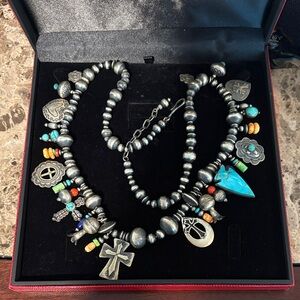 Authentic silver Navajo pearls turquoise and coral charm necklace